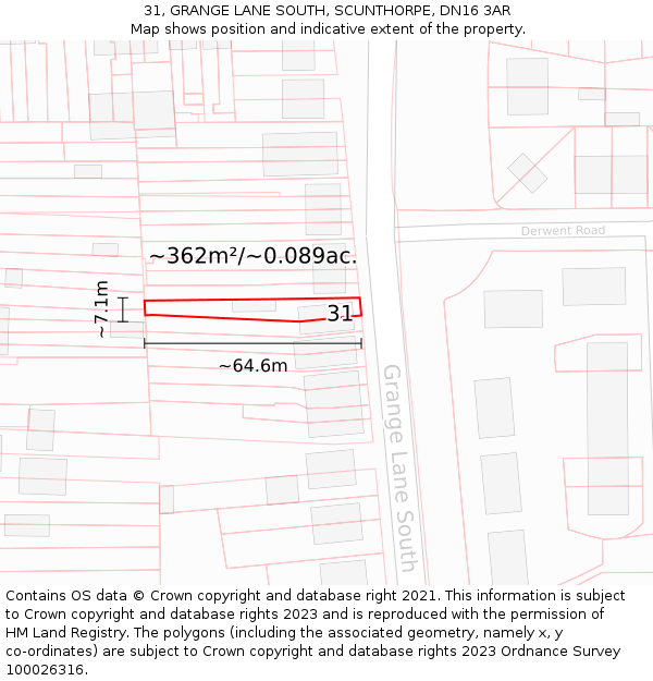31, GRANGE LANE SOUTH, SCUNTHORPE, DN16 3AR: Plot and title map