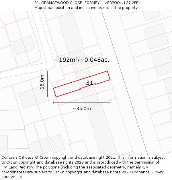 31, GRANGEWOOD CLOSE, FORMBY, LIVERPOOL, L37 2FE: Plot and title map