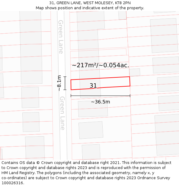 31, GREEN LANE, WEST MOLESEY, KT8 2PN: Plot and title map