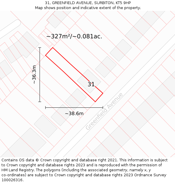31, GREENFIELD AVENUE, SURBITON, KT5 9HP: Plot and title map