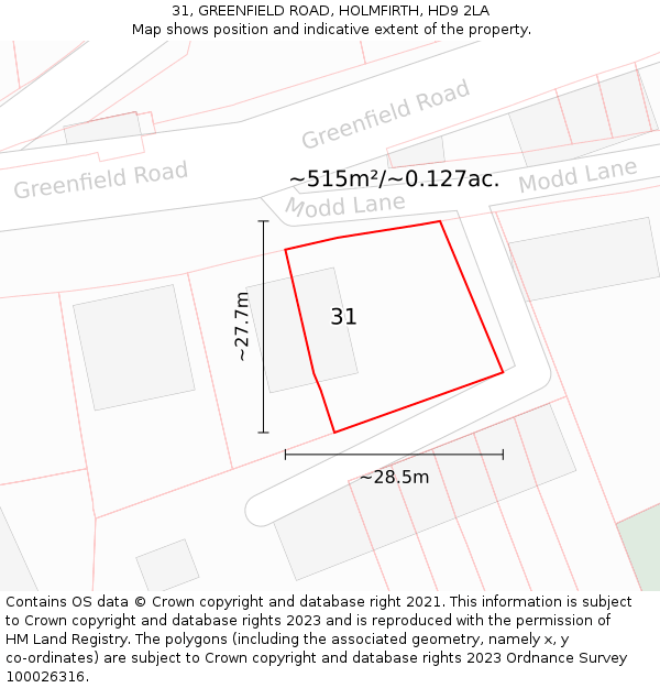 31, GREENFIELD ROAD, HOLMFIRTH, HD9 2LA: Plot and title map