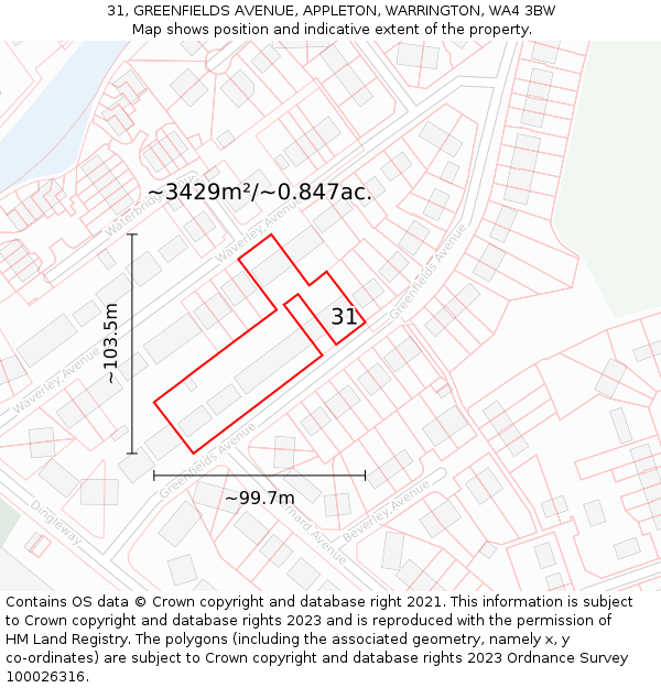 31, GREENFIELDS AVENUE, APPLETON, WARRINGTON, WA4 3BW: Plot and title map