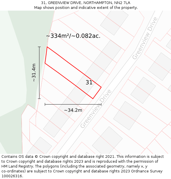 31, GREENVIEW DRIVE, NORTHAMPTON, NN2 7LA: Plot and title map