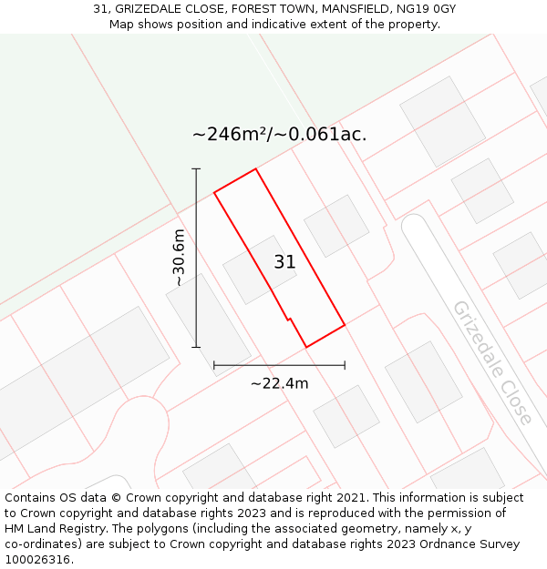 31, GRIZEDALE CLOSE, FOREST TOWN, MANSFIELD, NG19 0GY: Plot and title map