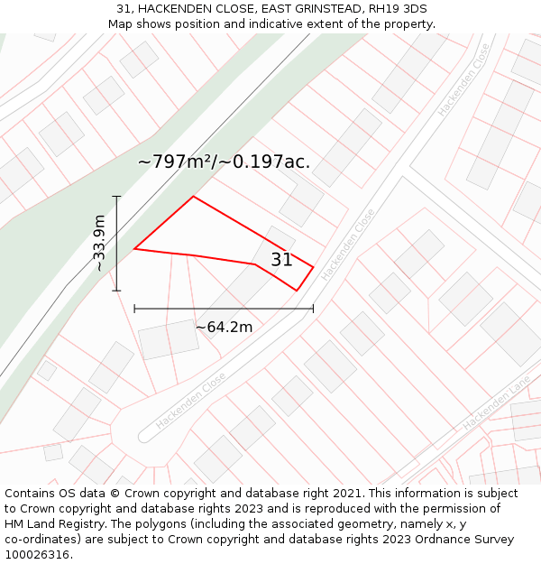 31, HACKENDEN CLOSE, EAST GRINSTEAD, RH19 3DS: Plot and title map