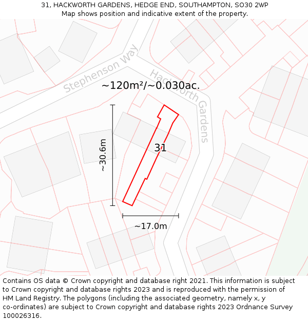 31, HACKWORTH GARDENS, HEDGE END, SOUTHAMPTON, SO30 2WP: Plot and title map