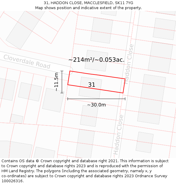 31, HADDON CLOSE, MACCLESFIELD, SK11 7YG: Plot and title map