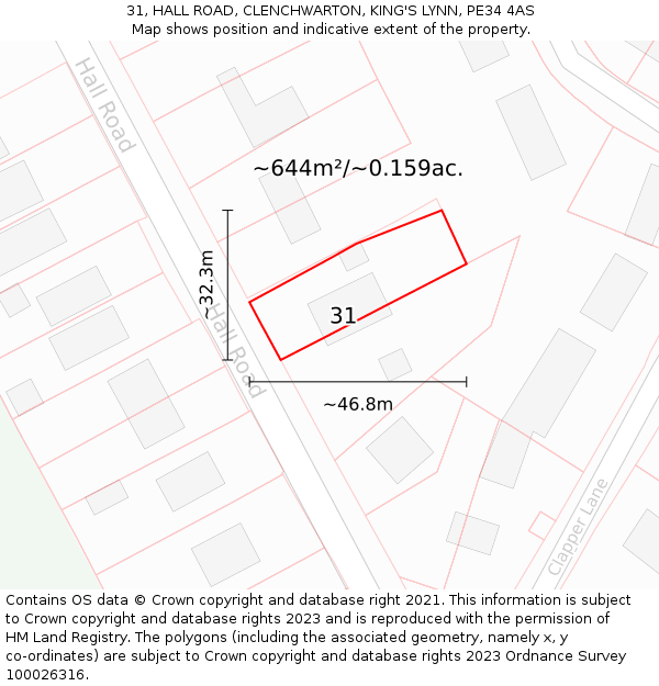 31, HALL ROAD, CLENCHWARTON, KING'S LYNN, PE34 4AS: Plot and title map
