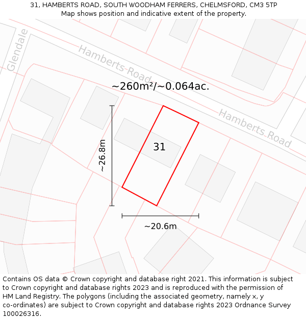 31, HAMBERTS ROAD, SOUTH WOODHAM FERRERS, CHELMSFORD, CM3 5TP: Plot and title map