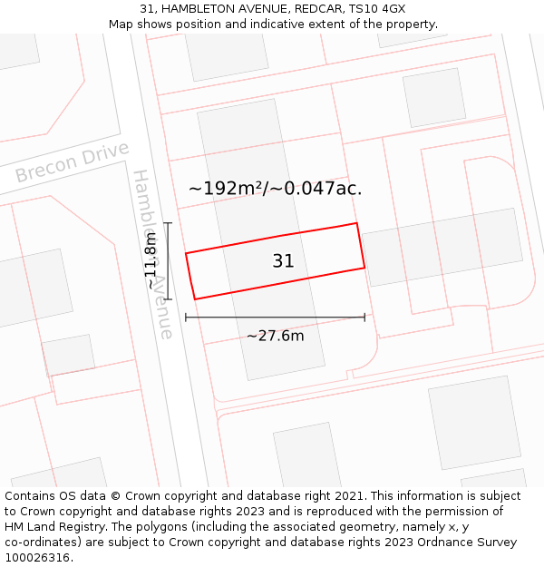 31, HAMBLETON AVENUE, REDCAR, TS10 4GX: Plot and title map