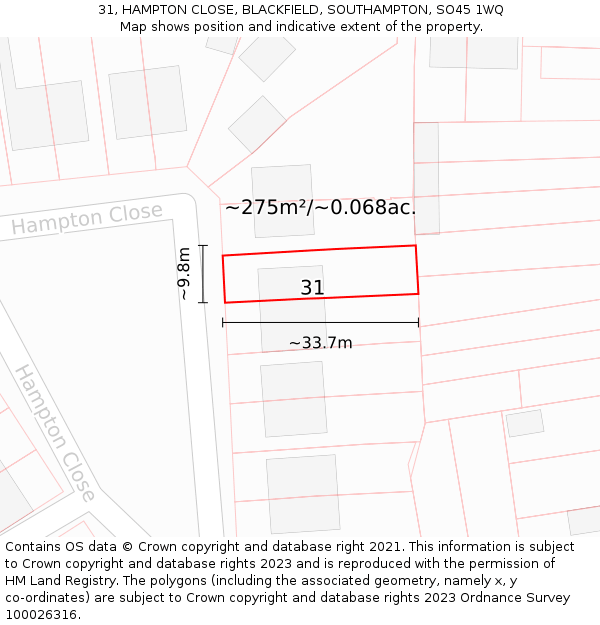 31, HAMPTON CLOSE, BLACKFIELD, SOUTHAMPTON, SO45 1WQ: Plot and title map