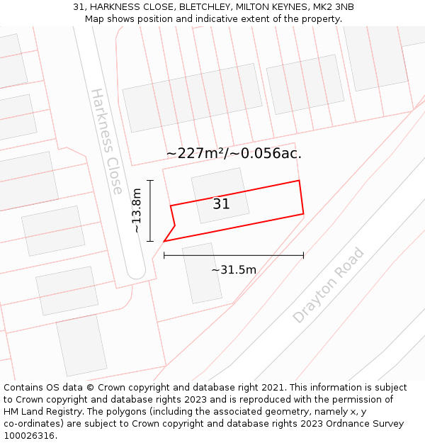 31, HARKNESS CLOSE, BLETCHLEY, MILTON KEYNES, MK2 3NB: Plot and title map