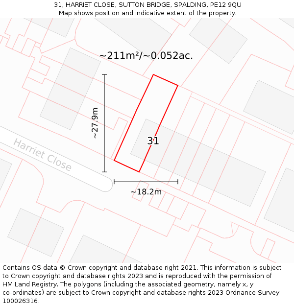 31, HARRIET CLOSE, SUTTON BRIDGE, SPALDING, PE12 9QU: Plot and title map
