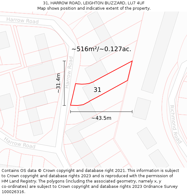 31, HARROW ROAD, LEIGHTON BUZZARD, LU7 4UF: Plot and title map