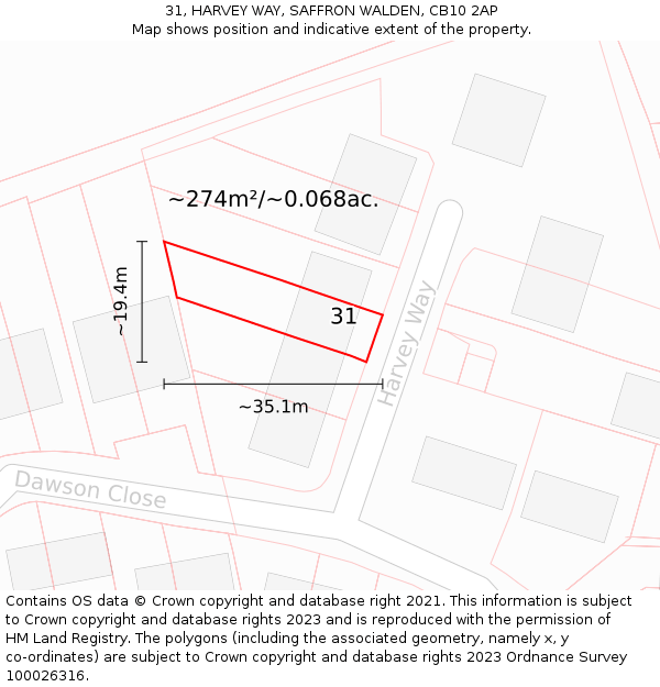 31, HARVEY WAY, SAFFRON WALDEN, CB10 2AP: Plot and title map
