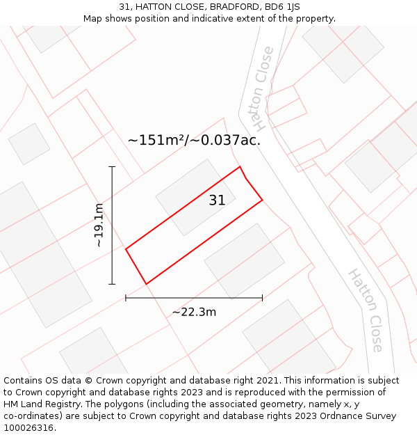 31, HATTON CLOSE, BRADFORD, BD6 1JS: Plot and title map
