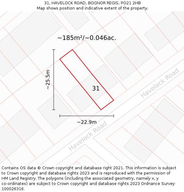 31, HAVELOCK ROAD, BOGNOR REGIS, PO21 2HB: Plot and title map