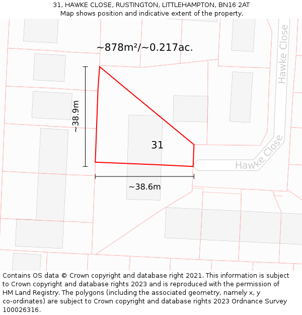 31, HAWKE CLOSE, RUSTINGTON, LITTLEHAMPTON, BN16 2AT: Plot and title map