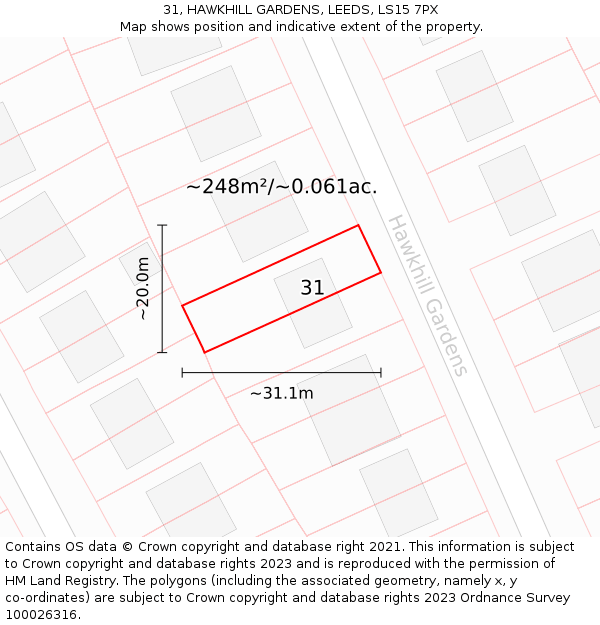 31, HAWKHILL GARDENS, LEEDS, LS15 7PX: Plot and title map