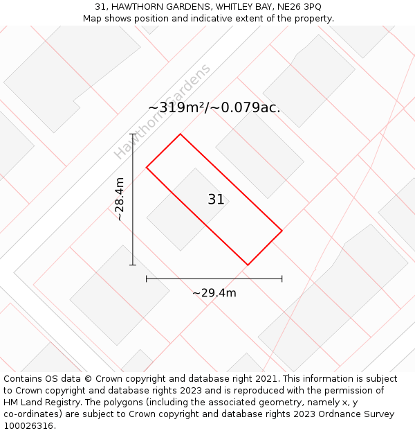31, HAWTHORN GARDENS, WHITLEY BAY, NE26 3PQ: Plot and title map