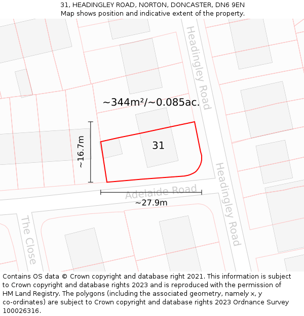 31, HEADINGLEY ROAD, NORTON, DONCASTER, DN6 9EN: Plot and title map