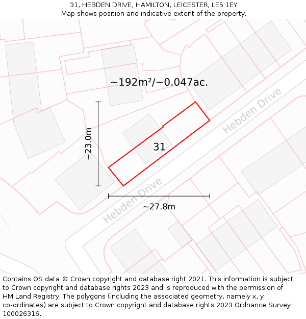 31, HEBDEN DRIVE, HAMILTON, LEICESTER, LE5 1EY: Plot and title map