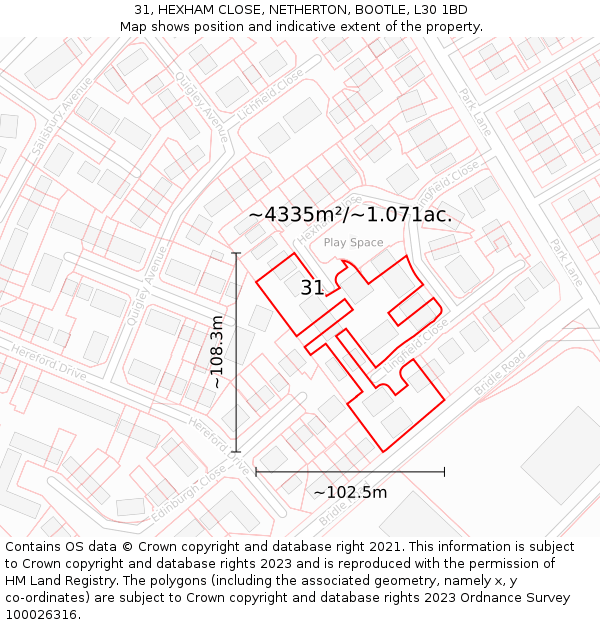 31, HEXHAM CLOSE, NETHERTON, BOOTLE, L30 1BD: Plot and title map