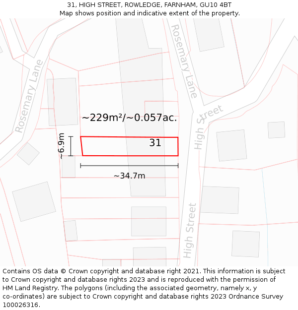 31, HIGH STREET, ROWLEDGE, FARNHAM, GU10 4BT: Plot and title map
