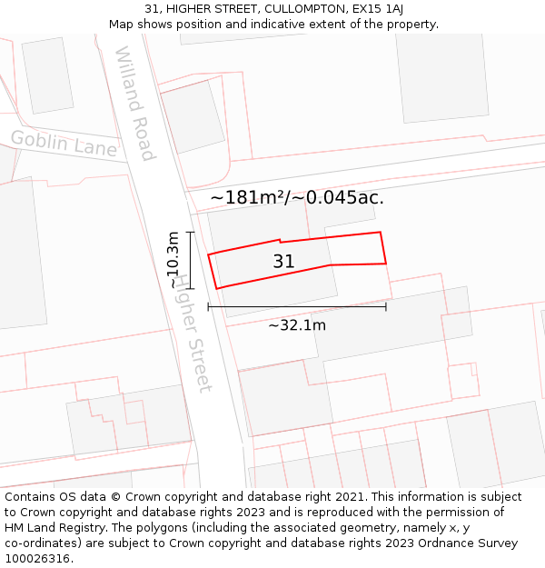 31, HIGHER STREET, CULLOMPTON, EX15 1AJ: Plot and title map