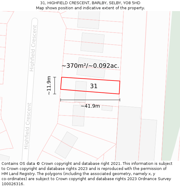 31, HIGHFIELD CRESCENT, BARLBY, SELBY, YO8 5HD: Plot and title map