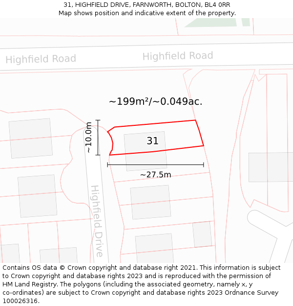 31, HIGHFIELD DRIVE, FARNWORTH, BOLTON, BL4 0RR: Plot and title map