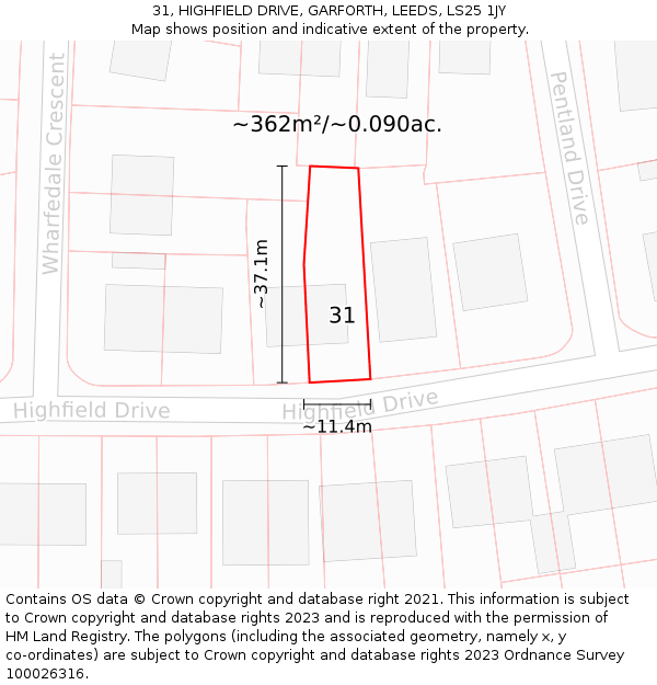 31, HIGHFIELD DRIVE, GARFORTH, LEEDS, LS25 1JY: Plot and title map