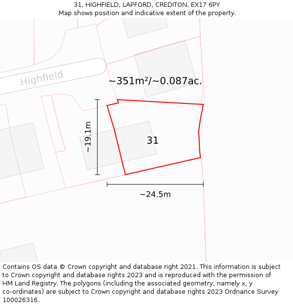 31, HIGHFIELD, LAPFORD, CREDITON, EX17 6PY: Plot and title map