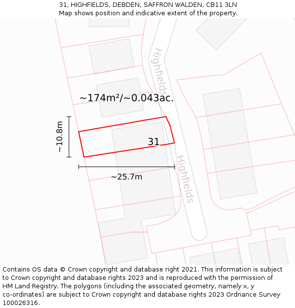 31, HIGHFIELDS, DEBDEN, SAFFRON WALDEN, CB11 3LN: Plot and title map