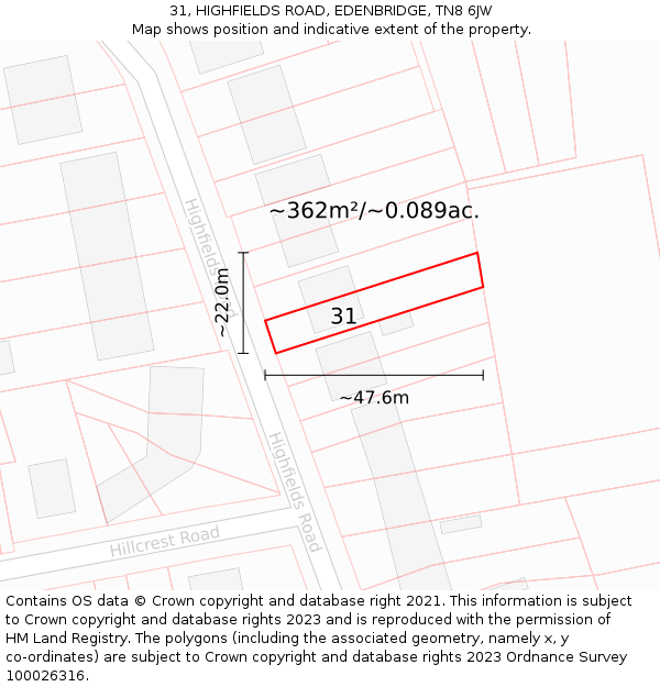 31, HIGHFIELDS ROAD, EDENBRIDGE, TN8 6JW: Plot and title map