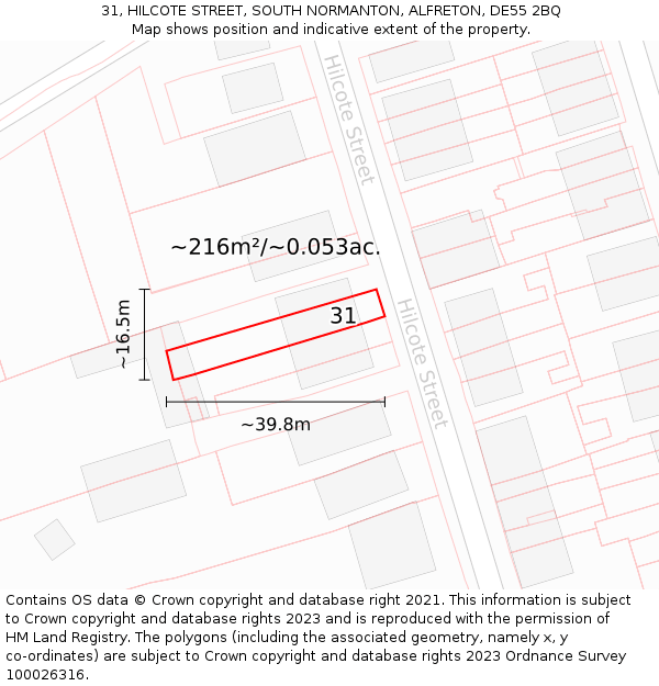 31, HILCOTE STREET, SOUTH NORMANTON, ALFRETON, DE55 2BQ: Plot and title map