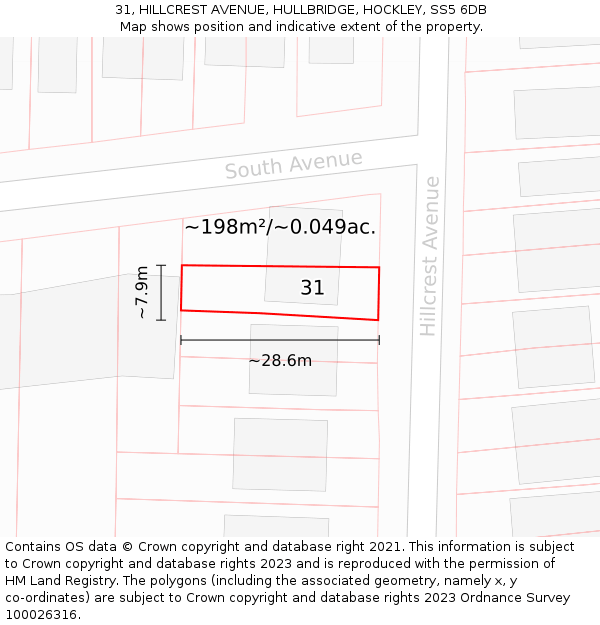 31, HILLCREST AVENUE, HULLBRIDGE, HOCKLEY, SS5 6DB: Plot and title map
