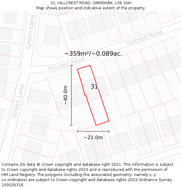 31, HILLCREST ROAD, ORMSKIRK, L39 1NH: Plot and title map