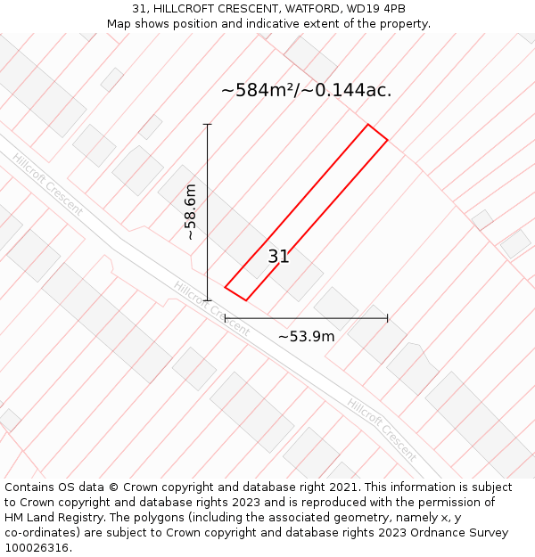 31, HILLCROFT CRESCENT, WATFORD, WD19 4PB: Plot and title map