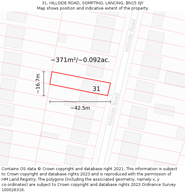 31, HILLSIDE ROAD, SOMPTING, LANCING, BN15 0JY: Plot and title map
