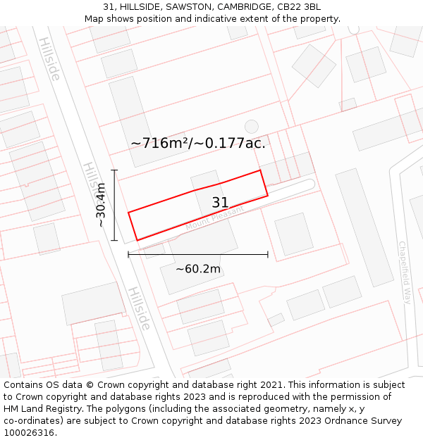 31, HILLSIDE, SAWSTON, CAMBRIDGE, CB22 3BL: Plot and title map