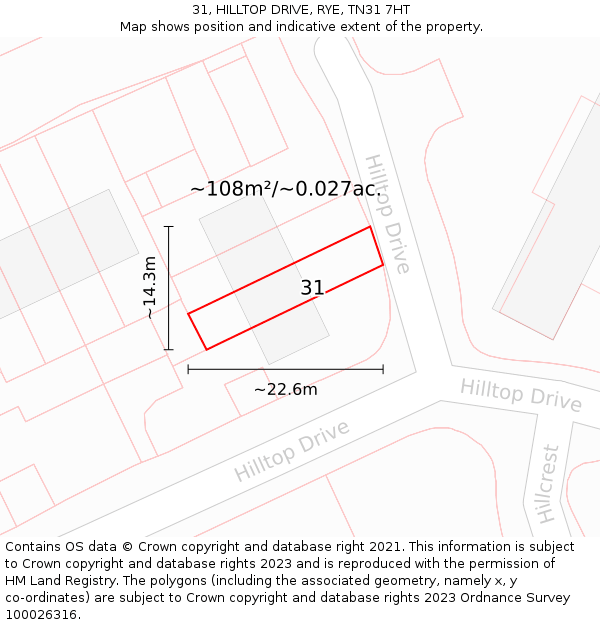 31, HILLTOP DRIVE, RYE, TN31 7HT: Plot and title map