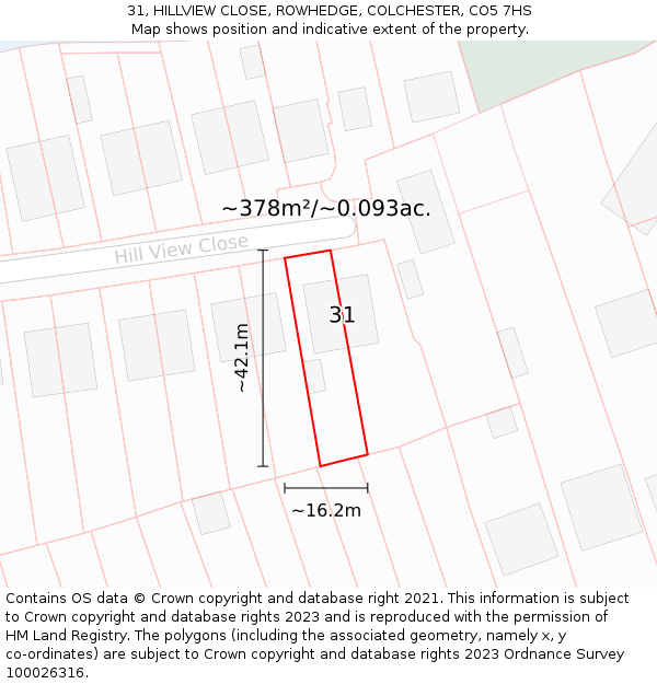 31, HILLVIEW CLOSE, ROWHEDGE, COLCHESTER, CO5 7HS: Plot and title map
