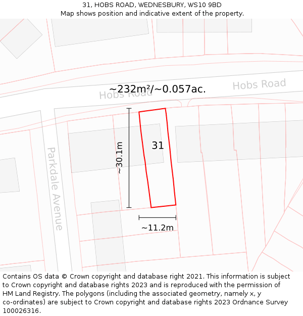 31, HOBS ROAD, WEDNESBURY, WS10 9BD: Plot and title map