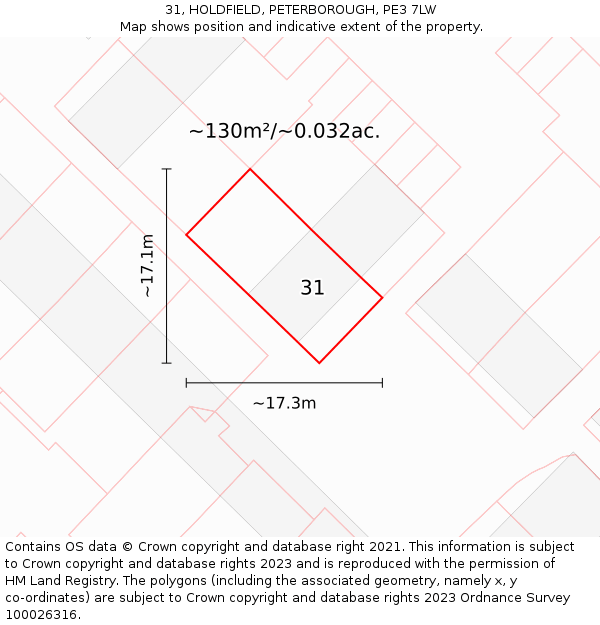 31, HOLDFIELD, PETERBOROUGH, PE3 7LW: Plot and title map