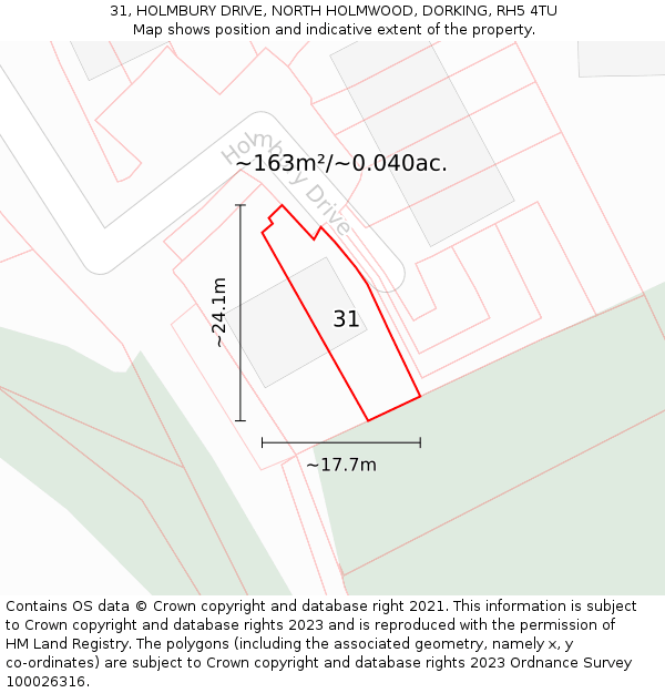 31, HOLMBURY DRIVE, NORTH HOLMWOOD, DORKING, RH5 4TU: Plot and title map