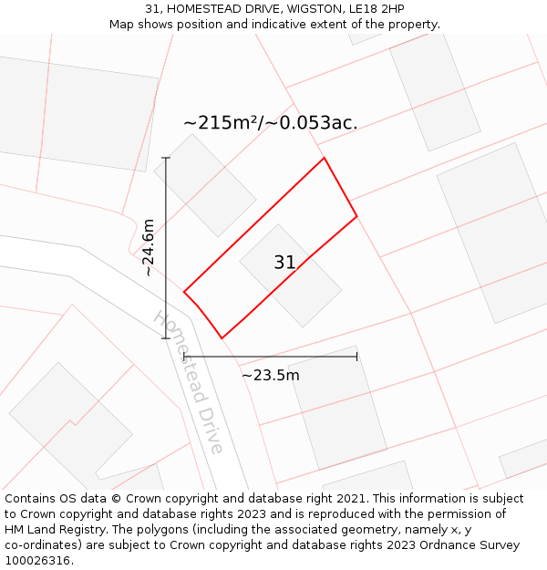 31, HOMESTEAD DRIVE, WIGSTON, LE18 2HP: Plot and title map