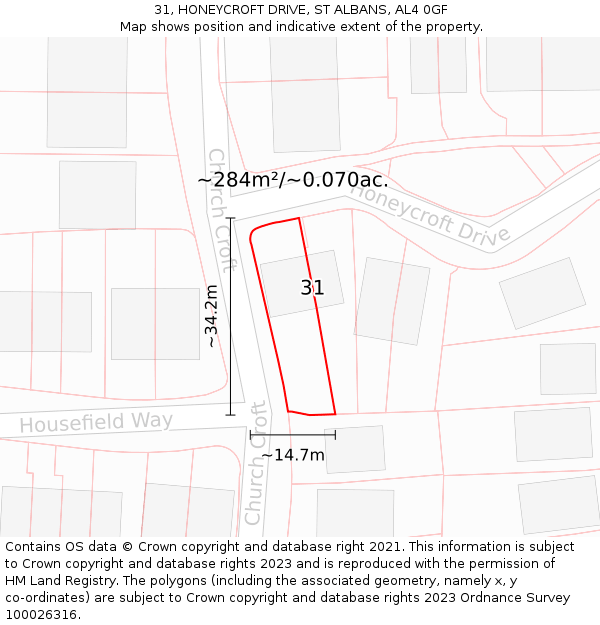 31, HONEYCROFT DRIVE, ST ALBANS, AL4 0GF: Plot and title map