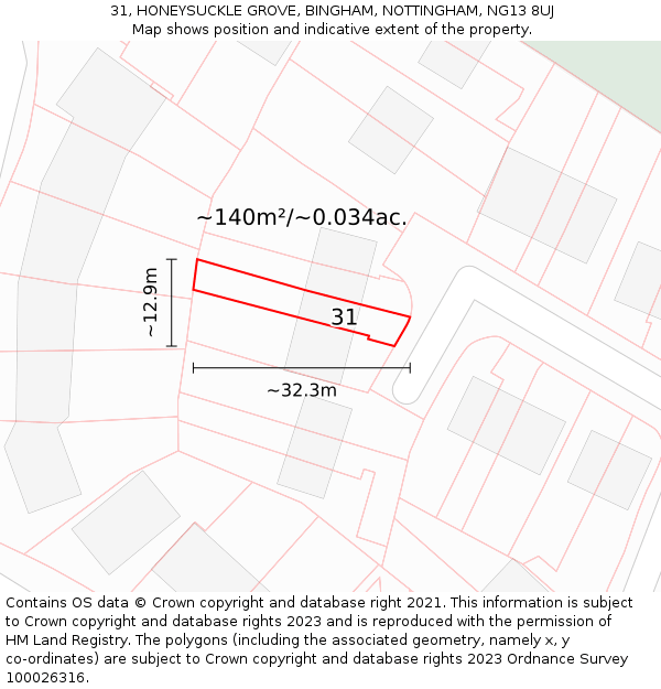 31, HONEYSUCKLE GROVE, BINGHAM, NOTTINGHAM, NG13 8UJ: Plot and title map