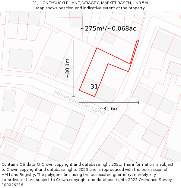 31, HONEYSUCKLE LANE, WRAGBY, MARKET RASEN, LN8 5AL: Plot and title map